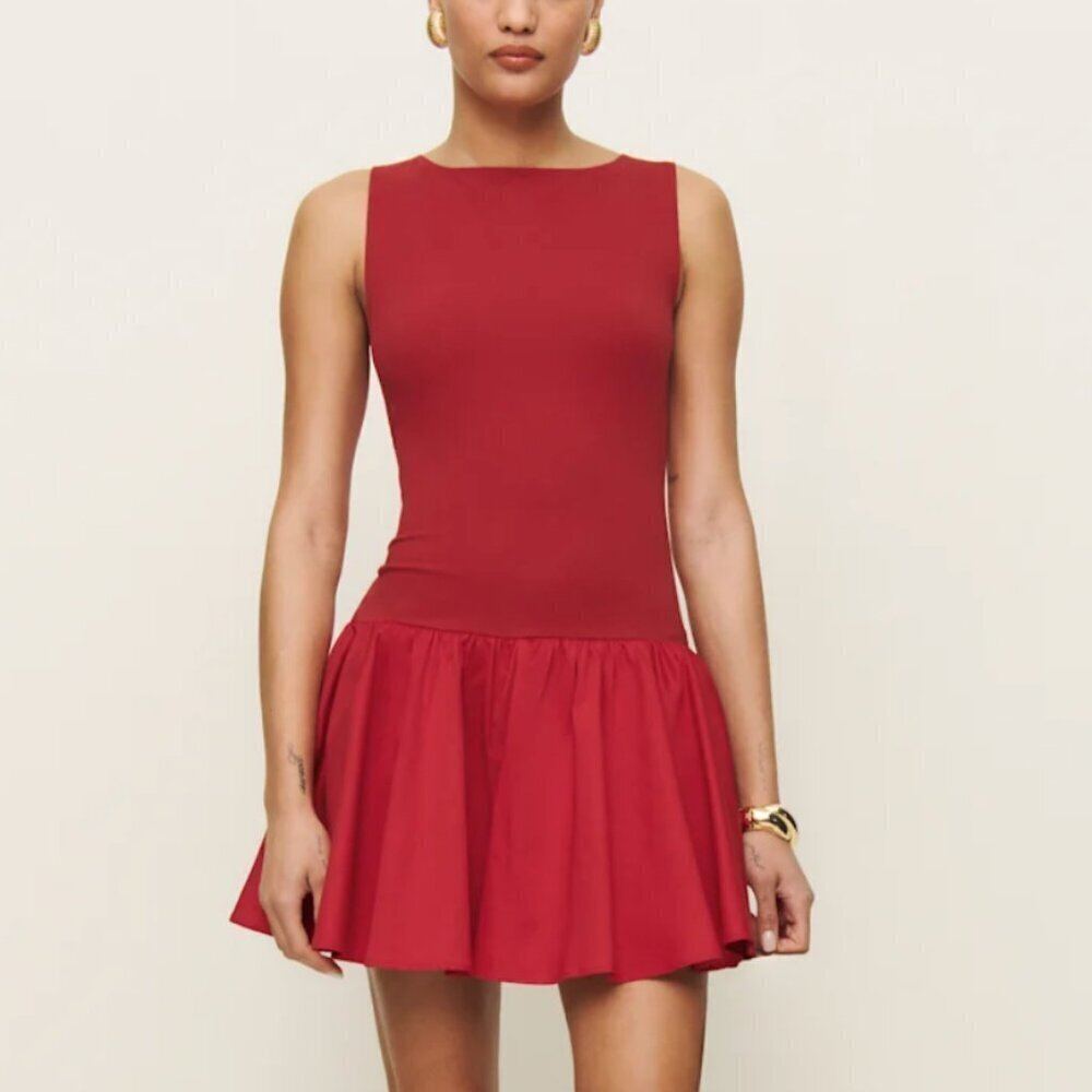Reformation Red Mini Dress Defina Knit Dress Drop Waist Large